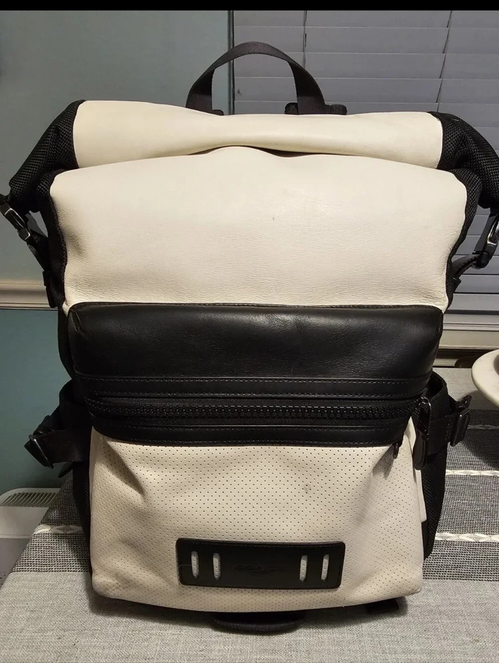 Coach Terrain Leather Roll Top Backpack Mesh Pocket F29386 Chalk/Black